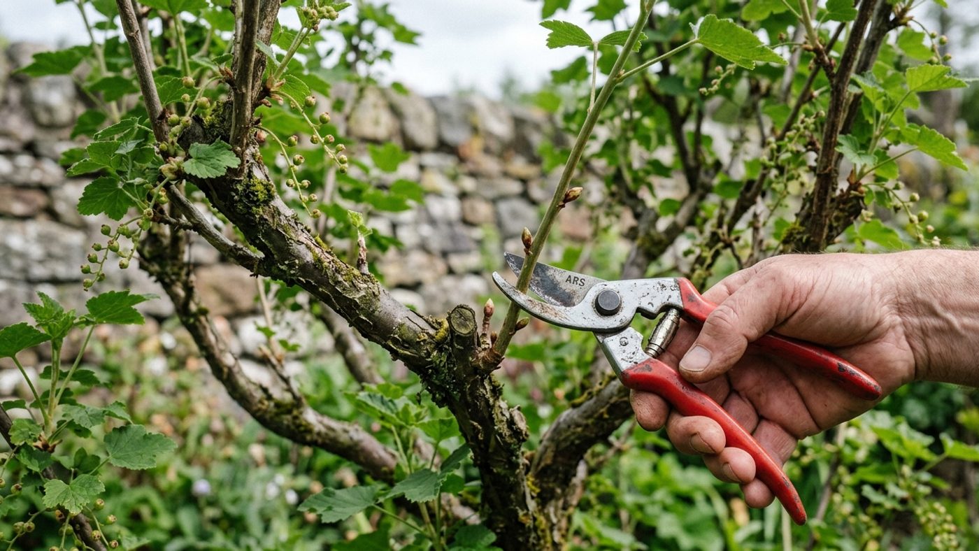 Secateurs cutting a redcurrant side-shoot back to one or two buds, keeping a permanent branch framework