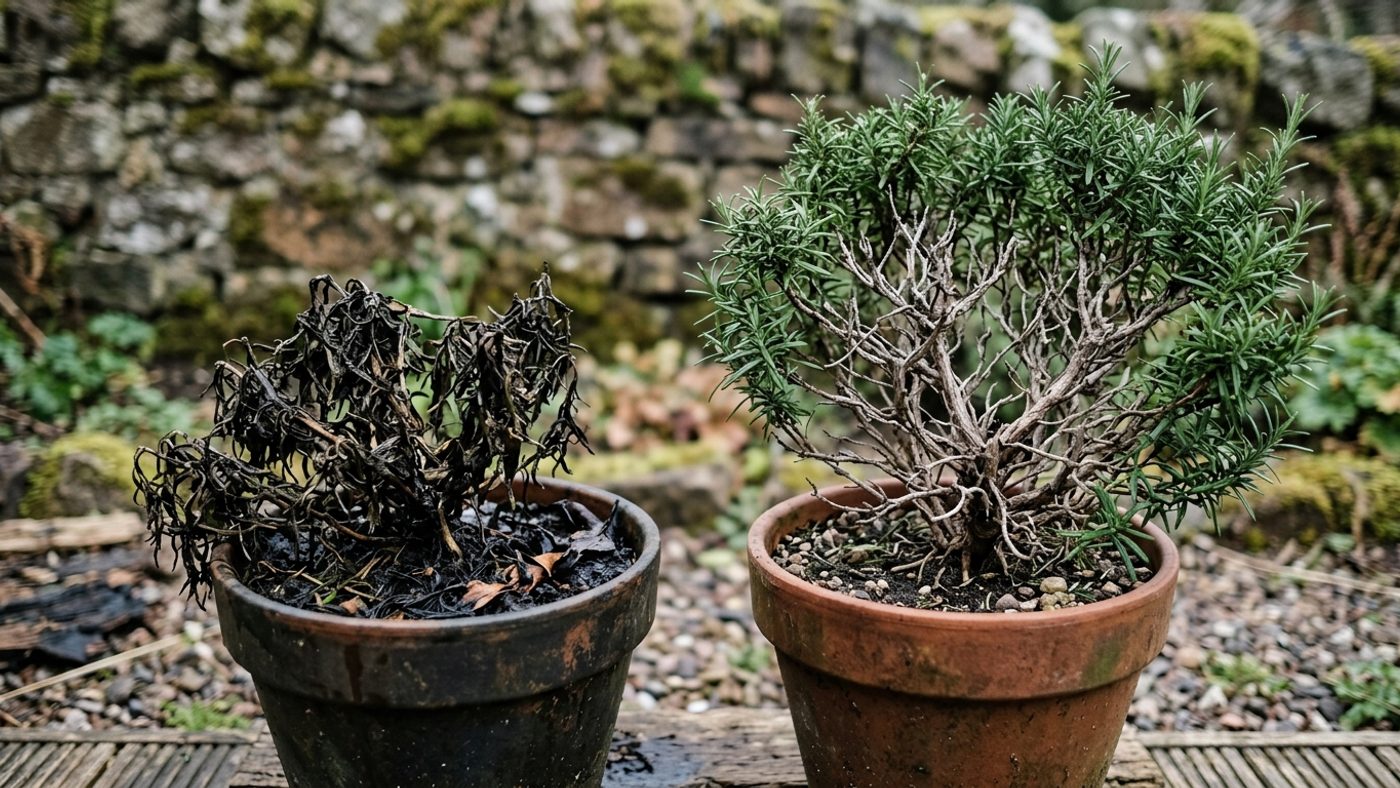 A collapsed, blackened rosemary killed by root rot next to a rosemary alive but hollow and woody in the centre