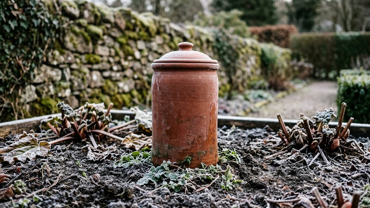 A tall terracotta forcing jar covering a rhubarb crown in midwinter, blocking out light to grow pale early stems