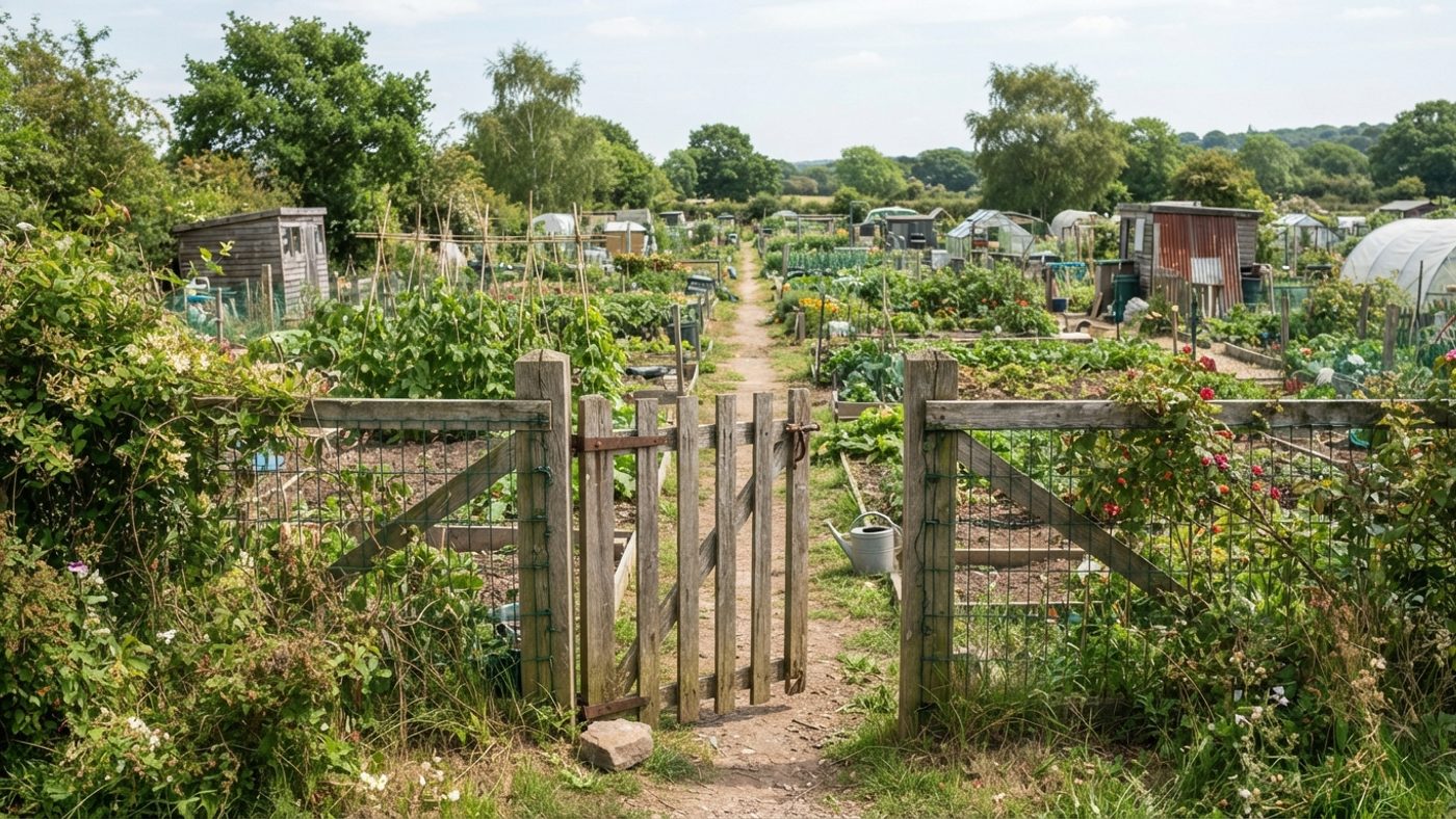 A fenced allotment site entrance with a gate and rows of individual plots inside