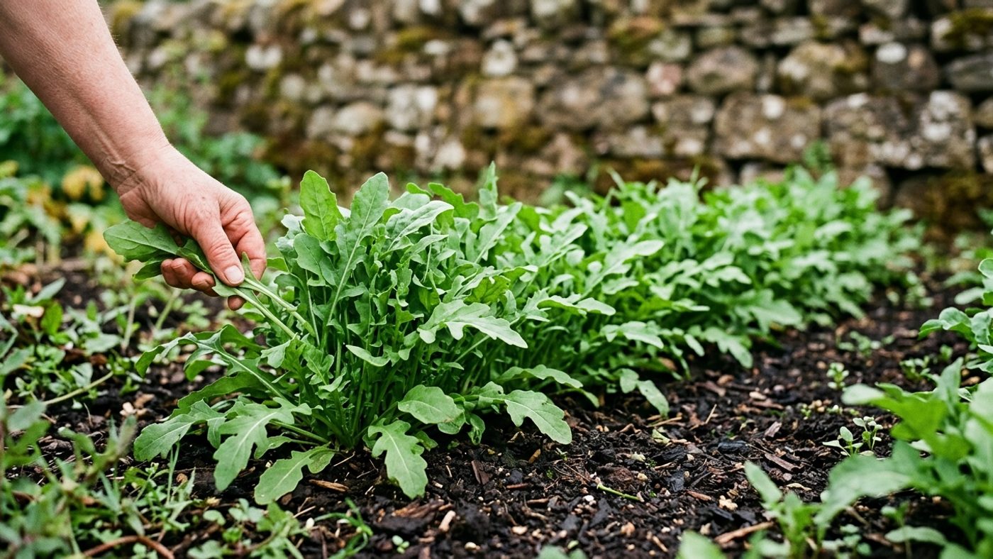 A hand picking a few leaves from one rocket plant in a row, leaving the rest to keep growing