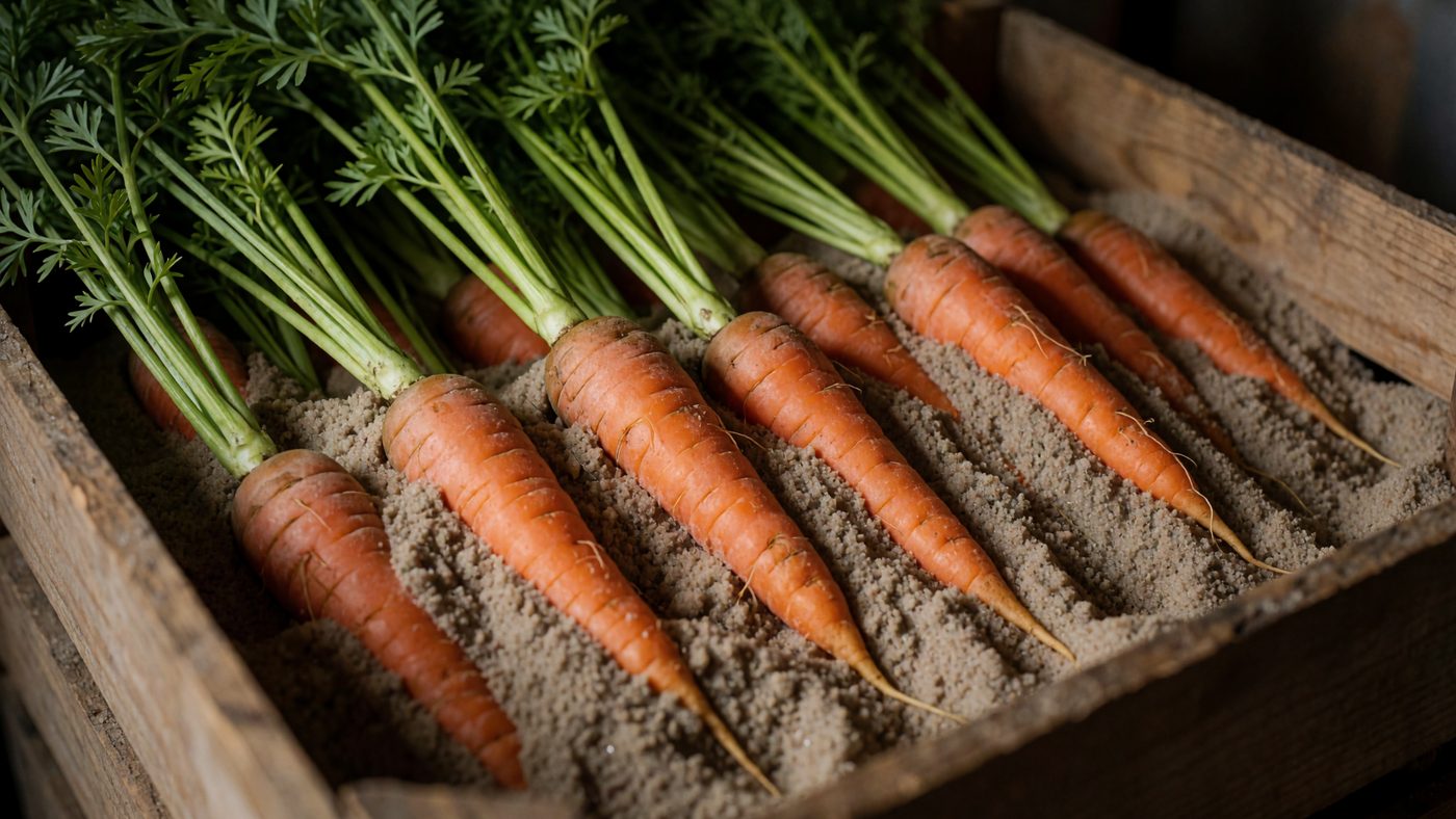 Carrots with their green leafy tops still on, laid in rows in damp sand inside a wooden storage crate