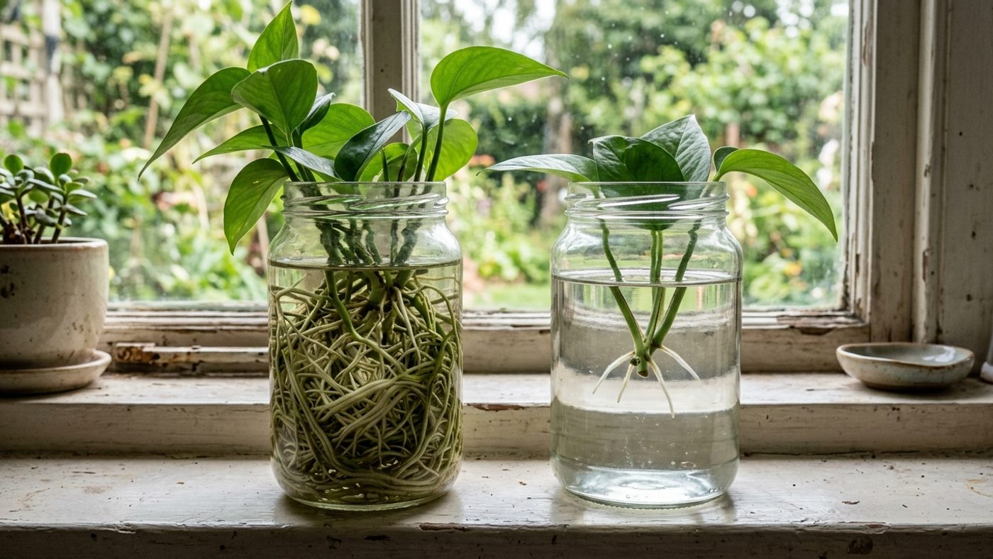 A jar with a dense tangled mass of overgrown white roots next to a jar with just a few short clean white roots ready for potting