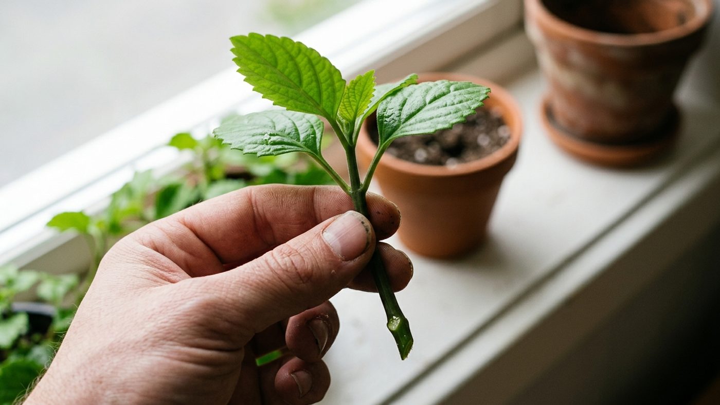 A leafy stem cutting held in a hand, freshly cut just below a leaf node with the lower leaves stripped away