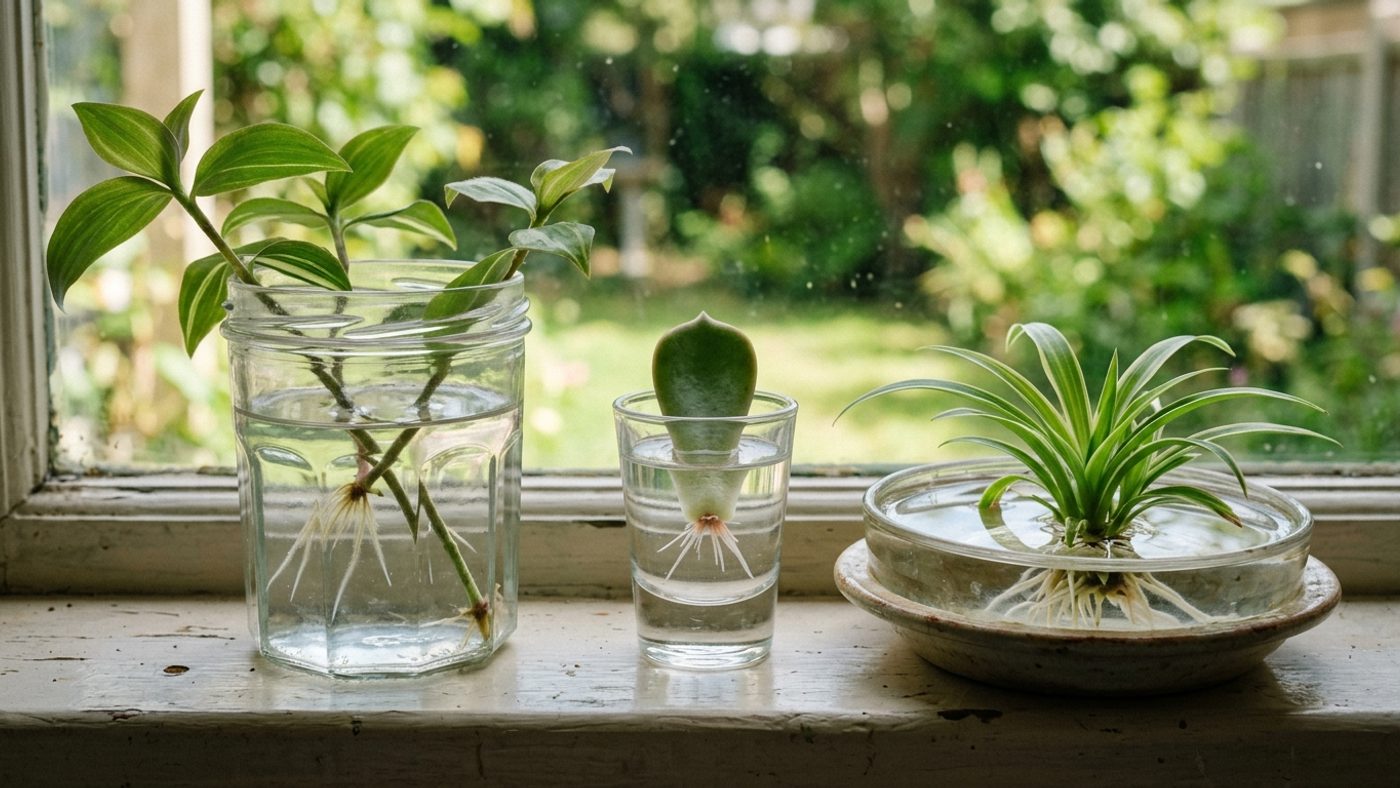 A leafy stem cutting, a single succulent leaf, and a small spider plant plantlet each rooting in their own jar or dish of water on a windowsill