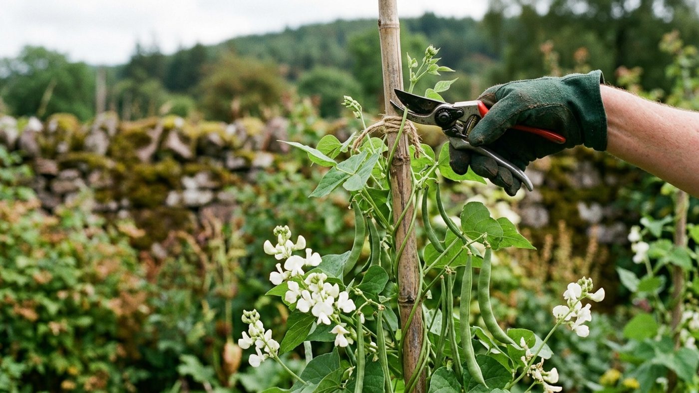 Secateurs cutting off the extra growth at the top of a runner bean plant once it reaches the top of its cane support