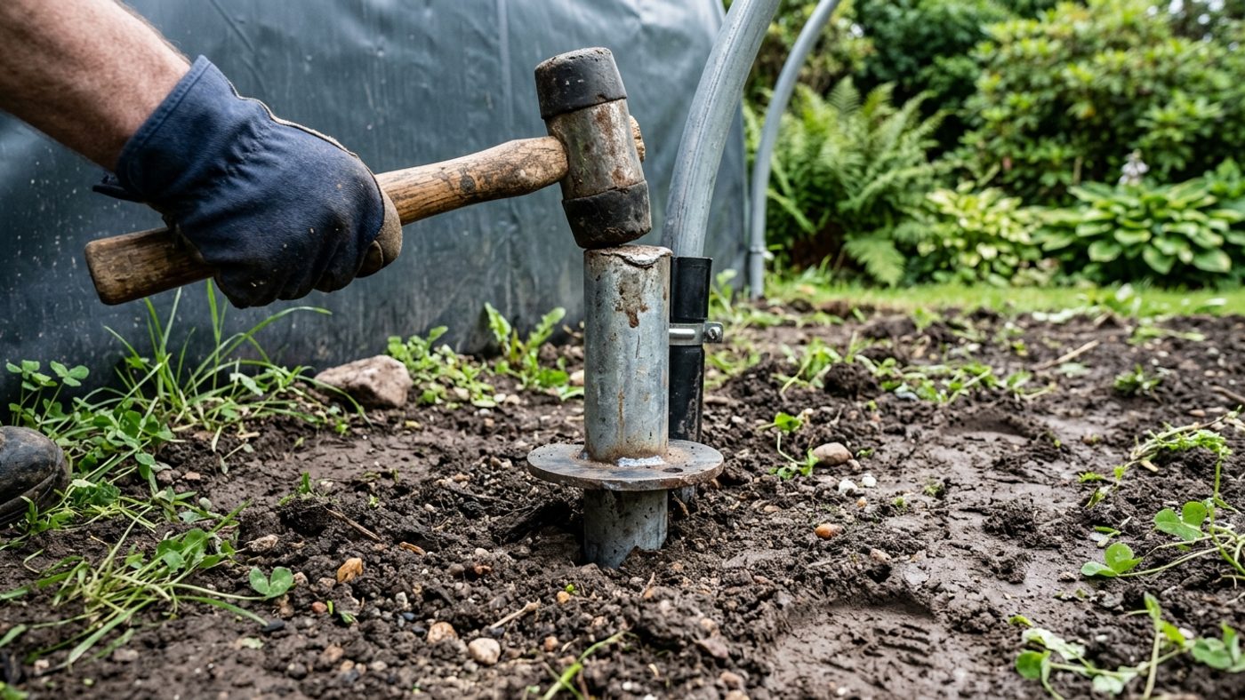 A metal foundation tube with an anchor plate being driven into the ground at a polytunnel hoop position