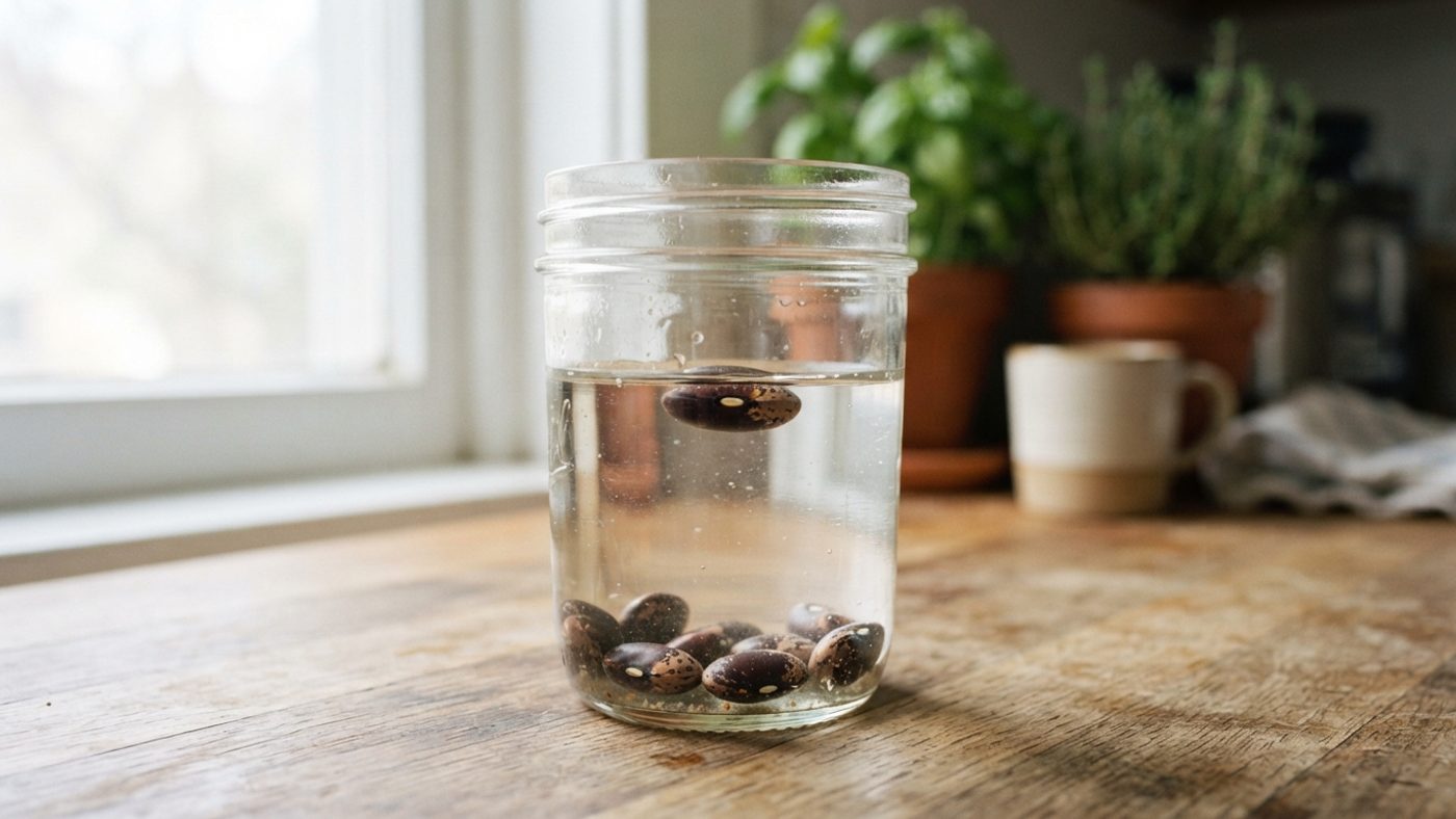 Bean seeds in a glass jar of water, some sinking and one floating, for a float test
