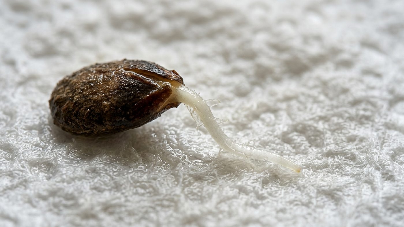 A germinated seed with a visible white root emerging on a damp paper towel