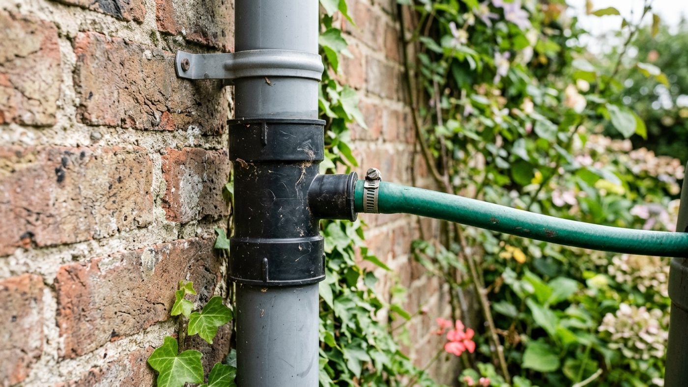 Close-up of a small plastic diverter fitting cut into a downpipe, with a short hose running to a water butt