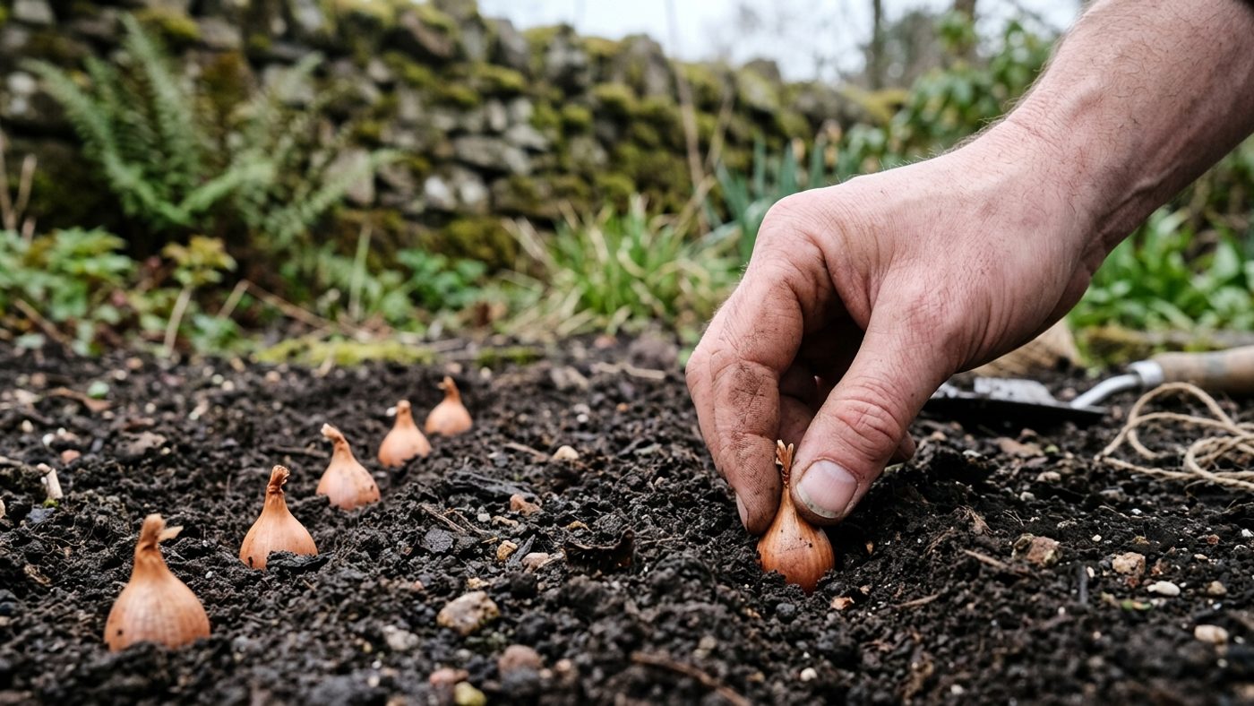 A hand pushing a shallot set into soil with just the tip showing above the surface