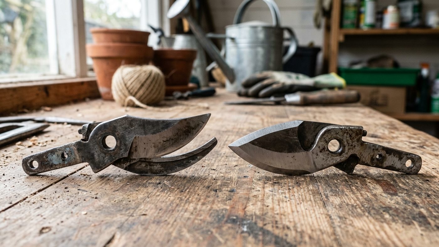 A bypass secateur blade with a bevel on one face only next to an anvil secateur blade with a bevel on both faces