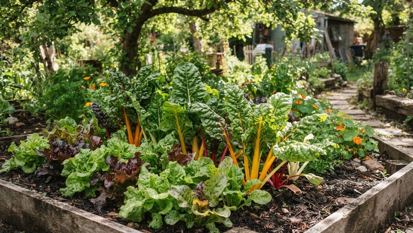 Lettuce and chard growing well in a partly shaded corner of a garden