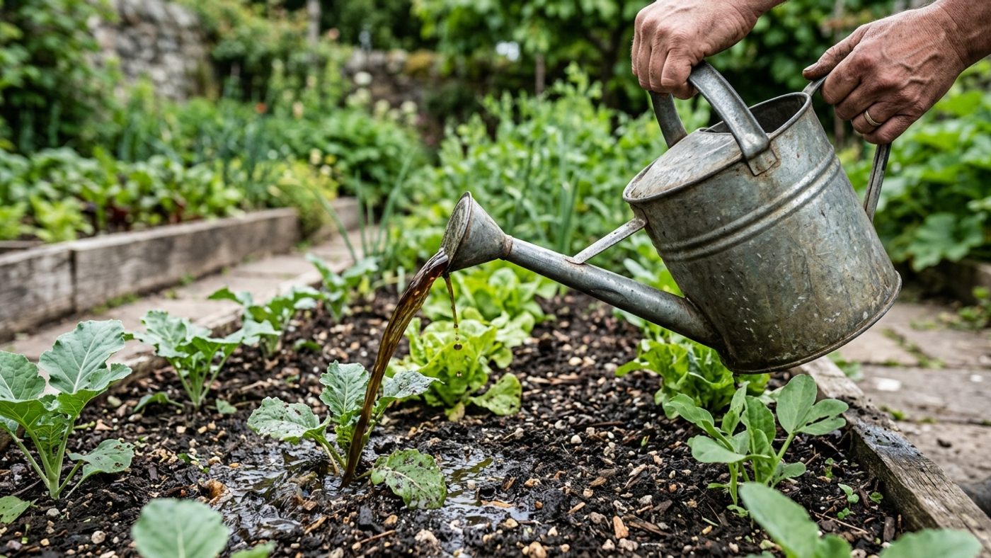 A watering can applying a nematode drench over damp garden soil around vegetable plants