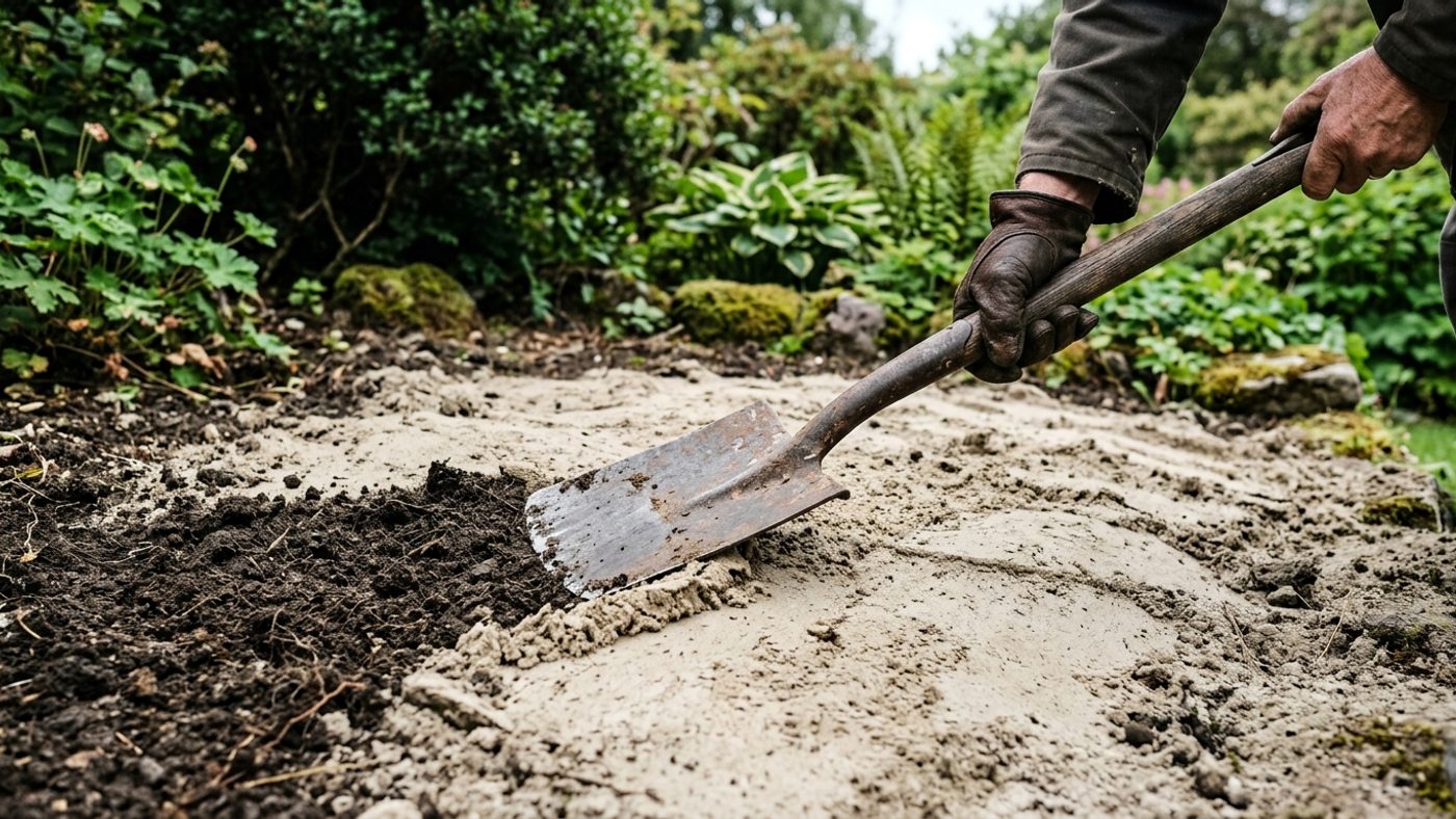 A spade scraping a thick layer of fine silt off the surface of a garden bed after floodwater has receded