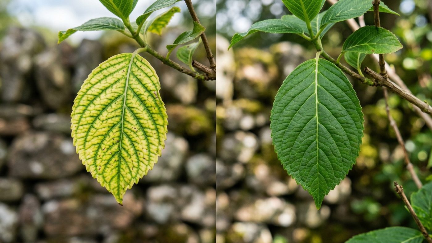 A leaf showing lime-induced chlorosis with yellowing between green veins next to a healthy uniformly deep green leaf