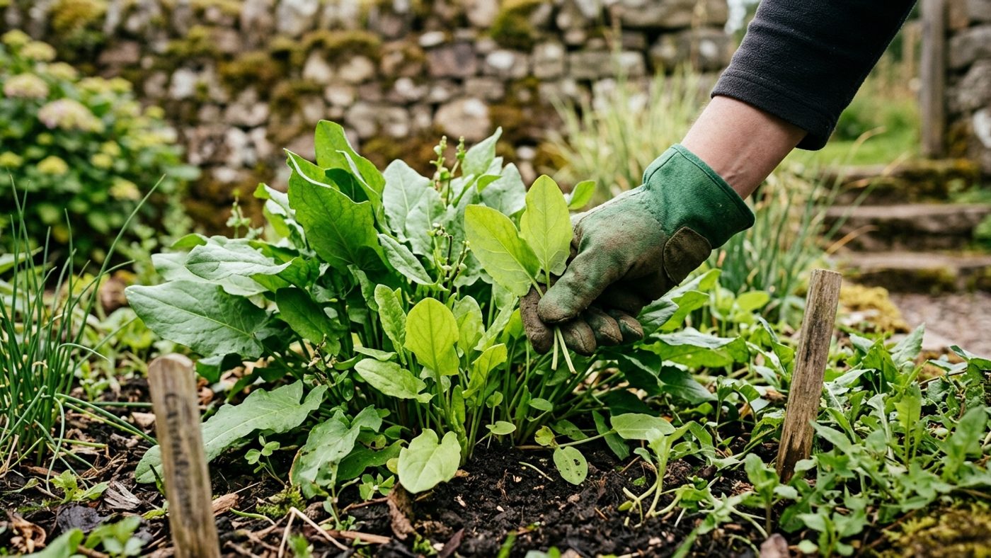 A gloved hand picking young sorrel leaves, following the safety advice to wear gloves when handling this crop