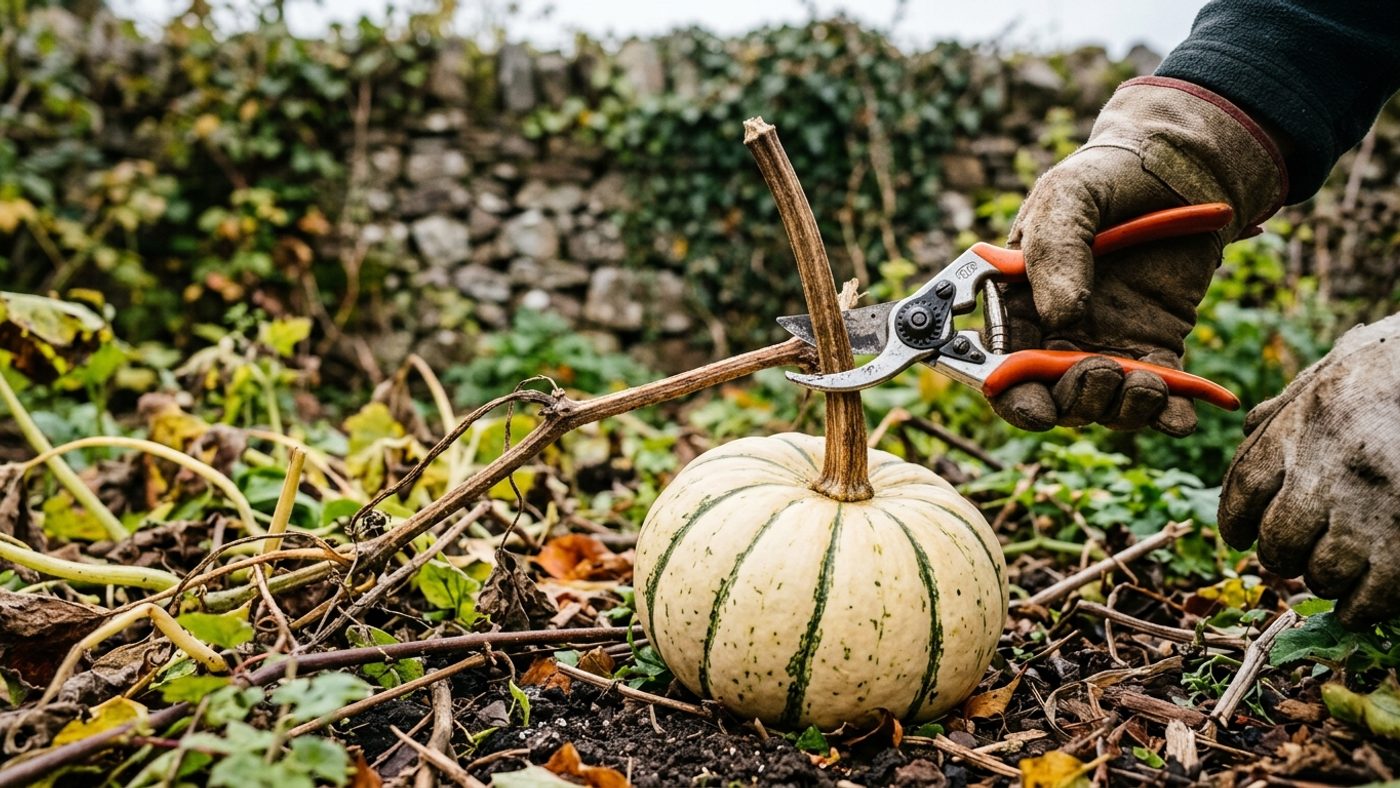 Secateurs cutting a winter squash from the vine leaving at least 10cm of stem attached