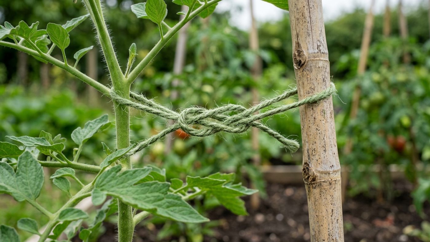 A close-up of soft garden twine tied in a figure-of-eight loop between a plant stem and a supporting cane