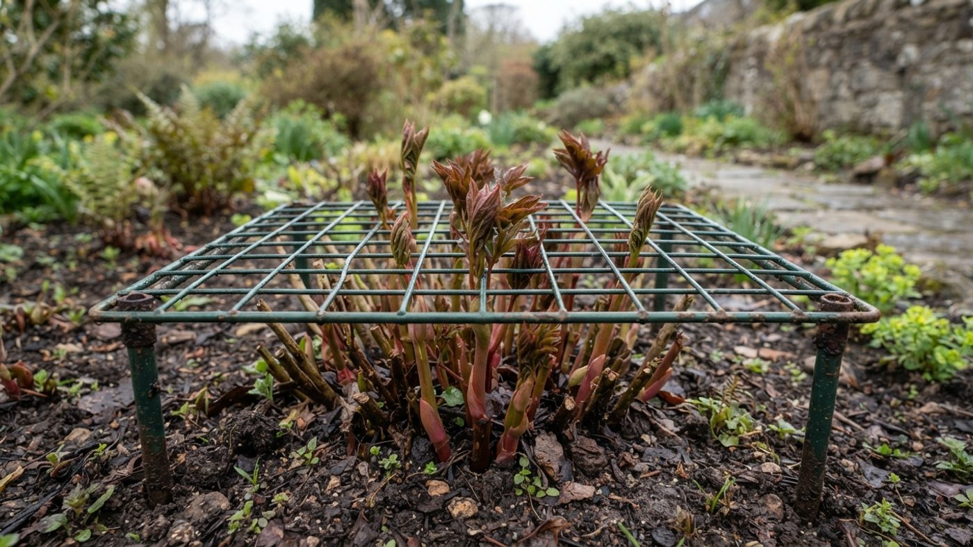 A metal grow-through grid support placed over a young peony clump, with stems beginning to push up through the mesh