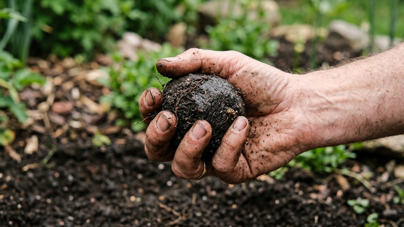 A hand rolling a damp handful of soil to test whether it is clay, sand, silt or loam