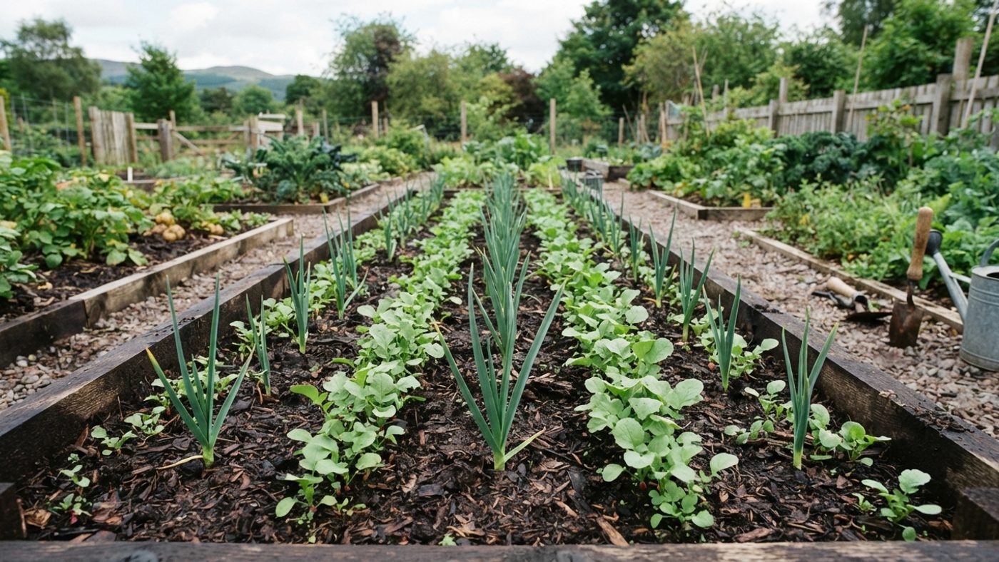 A row of small radish plants growing in the gaps between widely spaced young leek seedlings