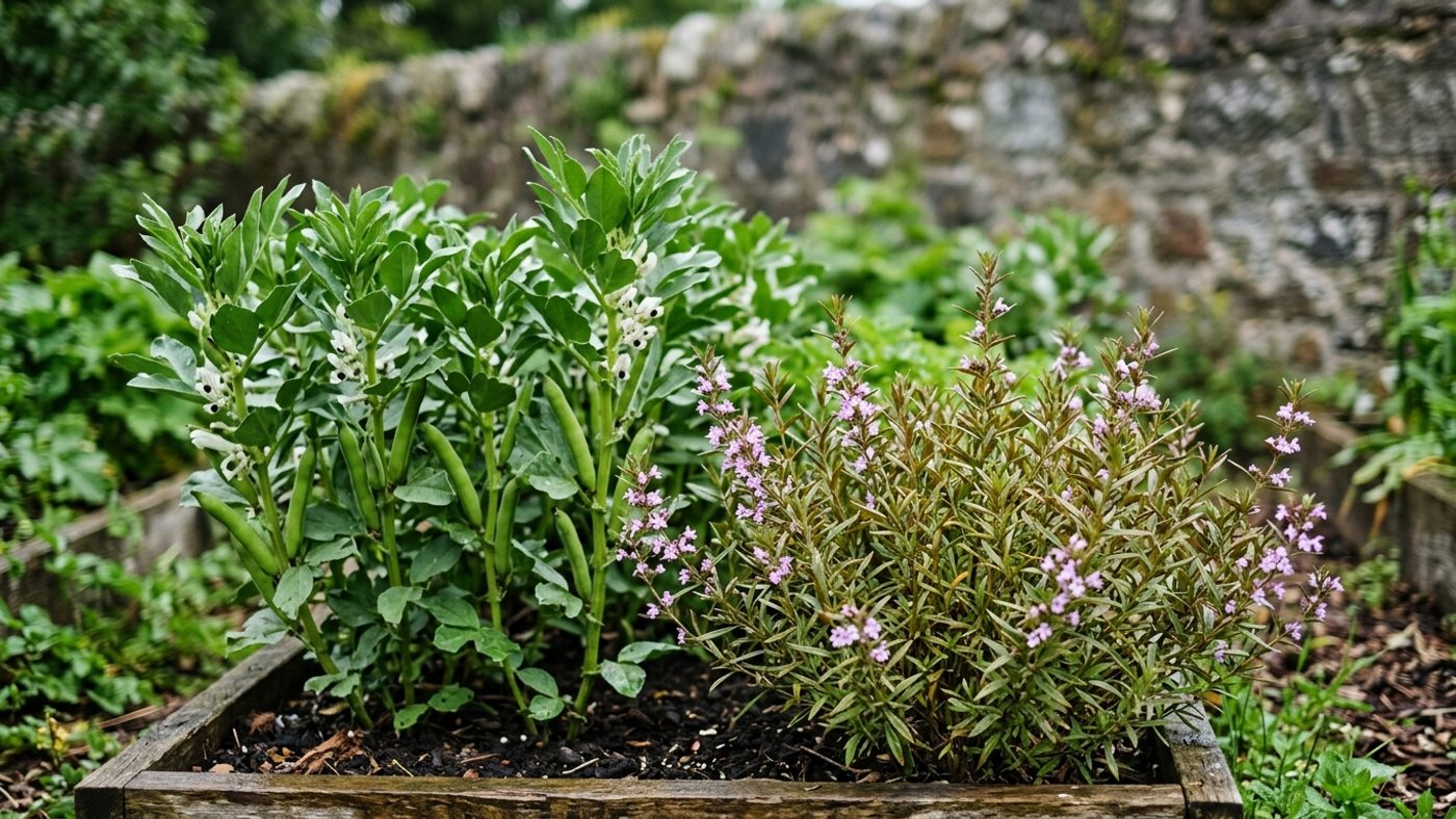 A bushy summer savory plant growing beside a row of broad bean plants in a raised bed
