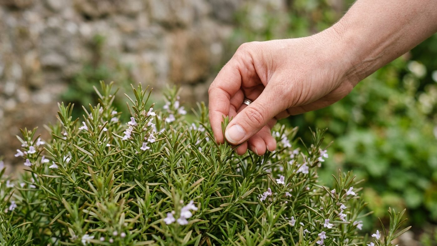 A bare hand pinching out a shoot tip on a bushy summer savory plant with slender bronze-green leaves