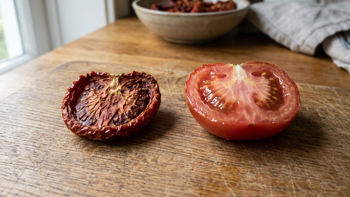 A properly dried, shrivelled and leathery tomato half next to an under-dried tomato half that is still plump and moist