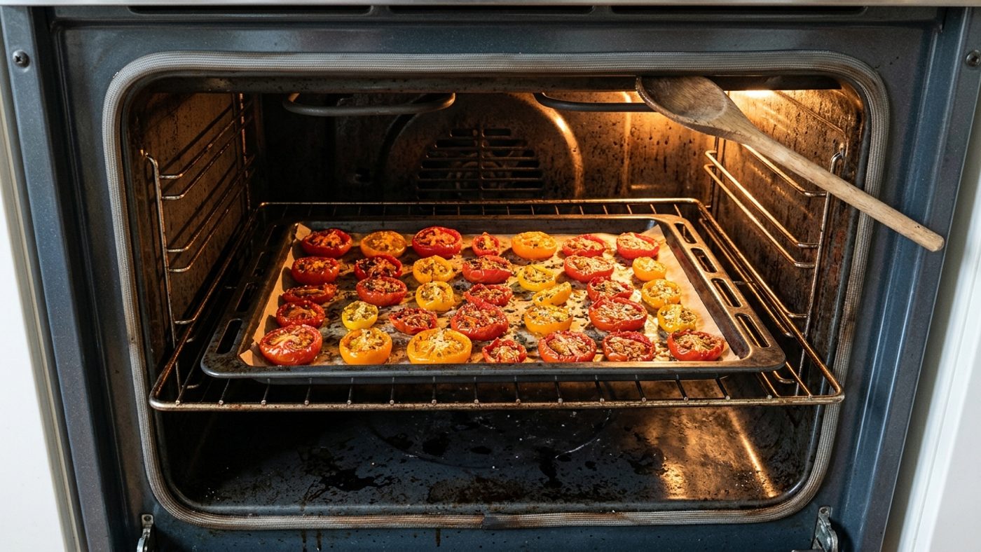 A tray of halved tomatoes drying inside an oven with the door propped slightly open to let moisture escape