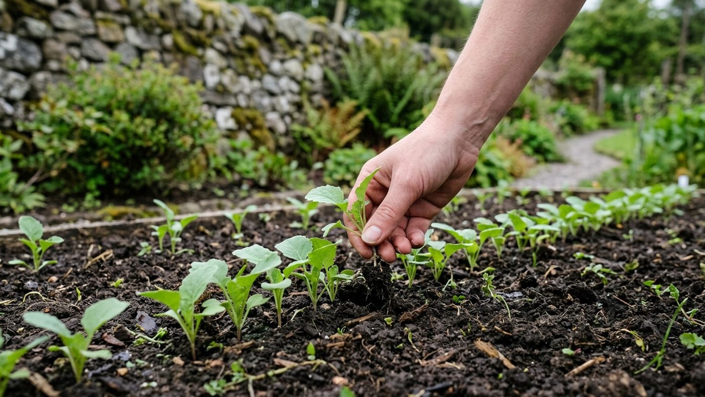 A hand thinning young swede seedlings in a row, leaving healthy plants spaced about 23cm apart