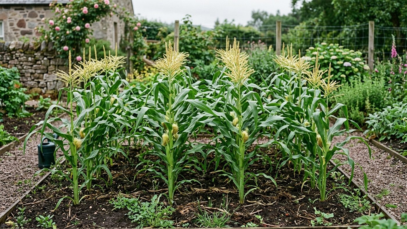 Sweetcorn plants spaced in a block grid pattern rather than a single row, to help wind pollination reach every plant