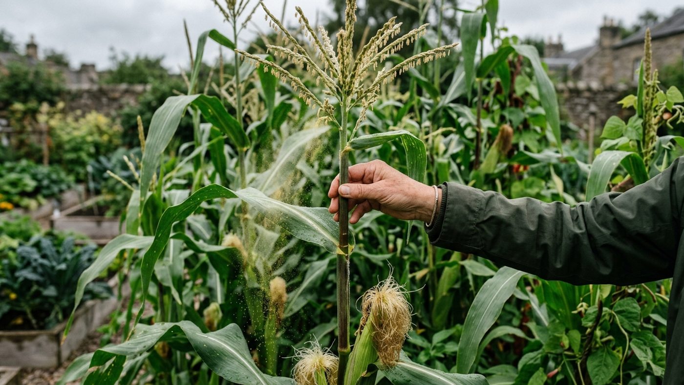 A hand gently tapping a sweetcorn stem to shake pollen loose from the male tassels onto the female flowers below