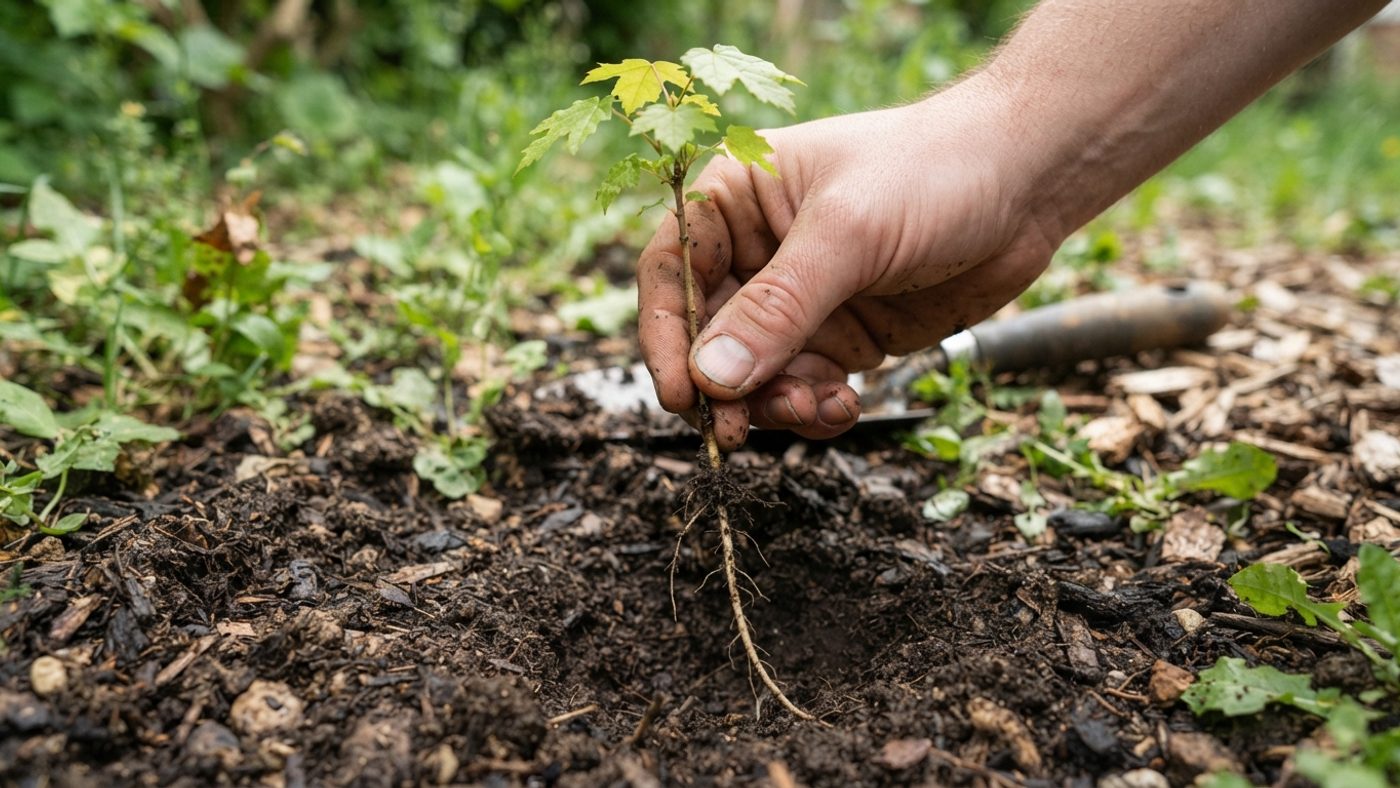 A hand pulling a young sycamore seedling from soil, its taproot visible