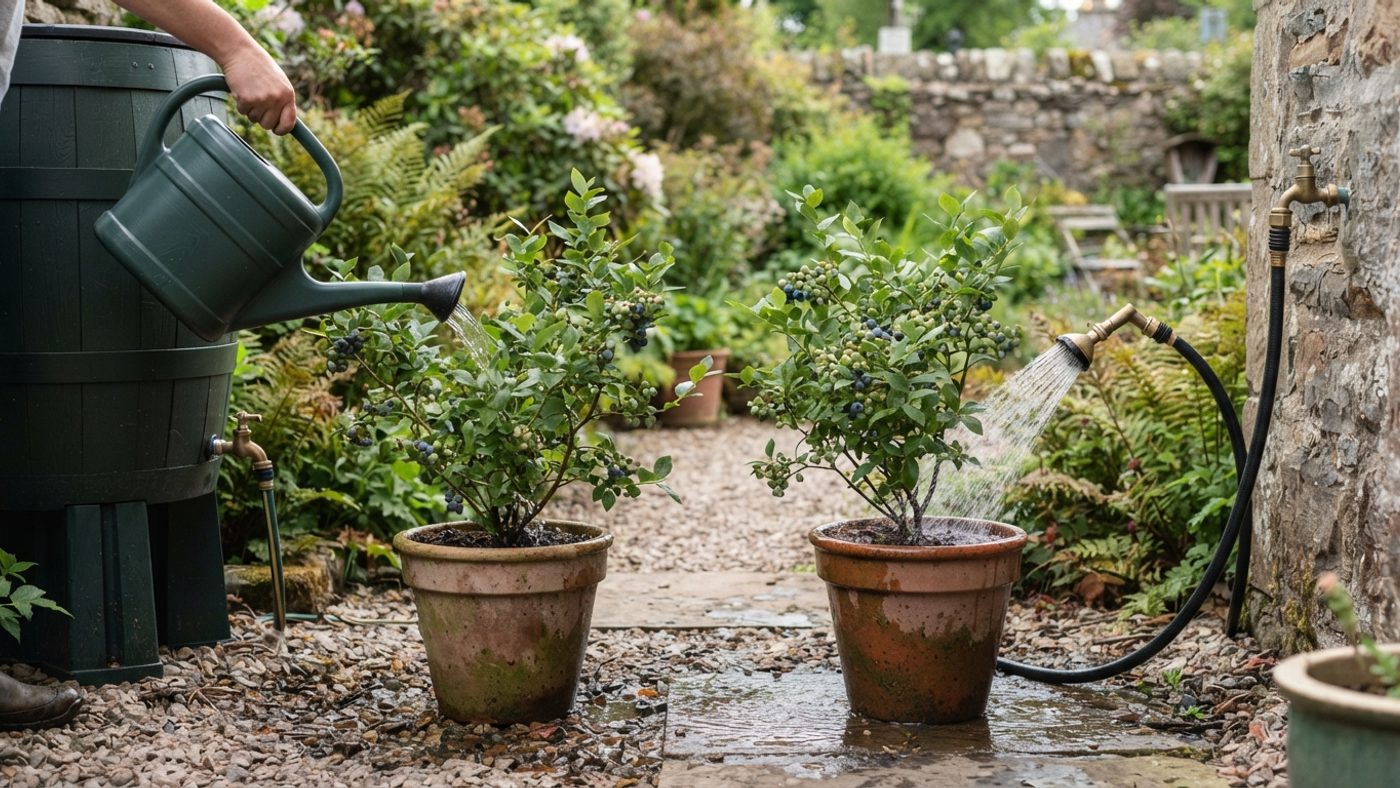 A potted blueberry bush being watered from a water butt next to a potted blueberry bush being watered from a garden hose