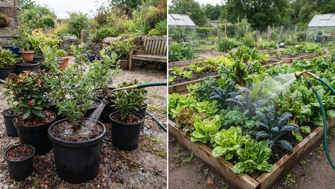 Potted blueberry and rhododendron shrubs in ericaceous compost next to an open vegetable bed being watered with a hose