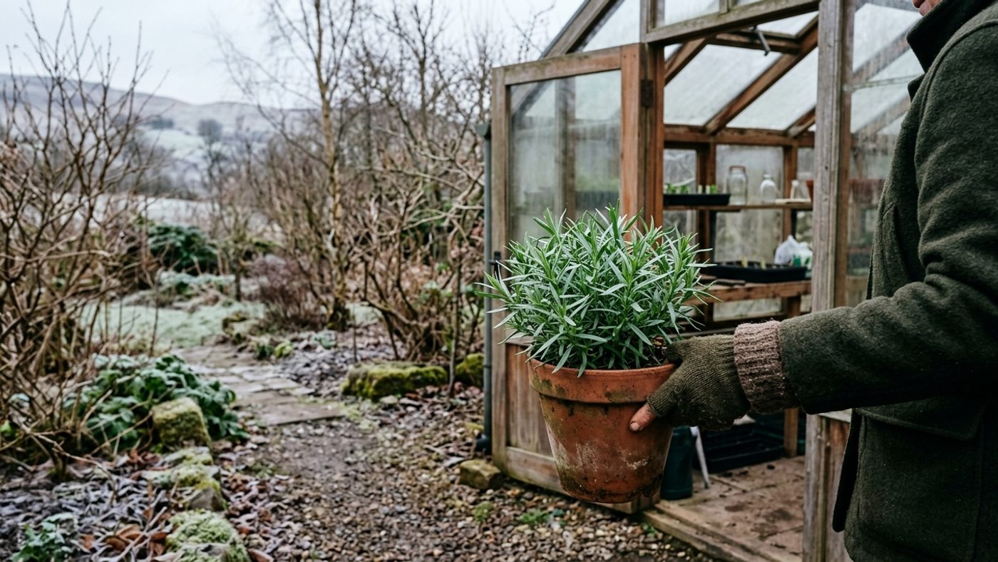 A potted French tarragon plant being moved into a greenhouse or porch for winter protection