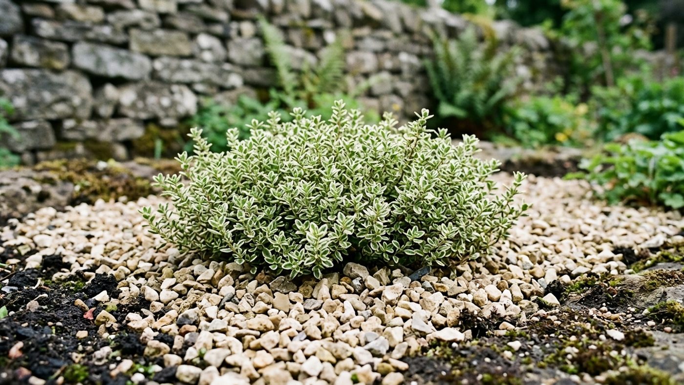 Gravel mulch spread around the base of a thyme plant instead of bark or compost, to keep the stems dry
