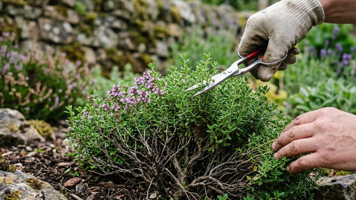 Scissors lightly trimming the soft new growth of a thyme plant, avoiding the old woody stems below