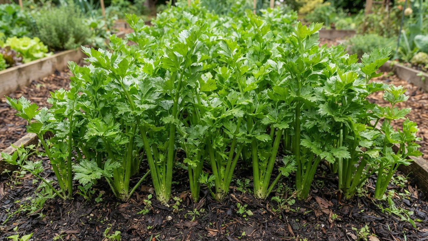 A block of celery plants growing in moist, well-fed soil
