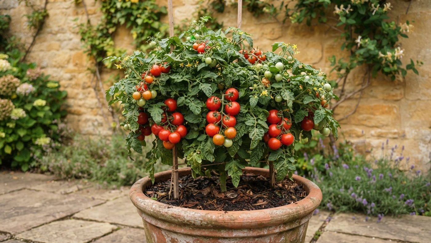 A bush tomato plant heavy with ripening fruit in a large pot against a sheltered wall