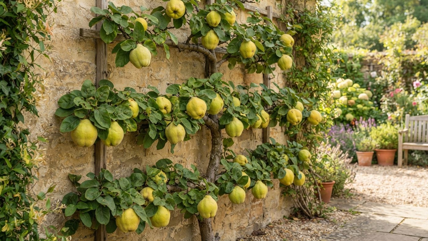 A quince tree with large yellow-green fruit ripening against a sheltered wall