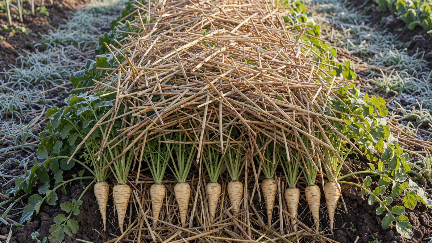 A row of parsnips covered with a thick layer of straw, pale green leaves poking out at the edges