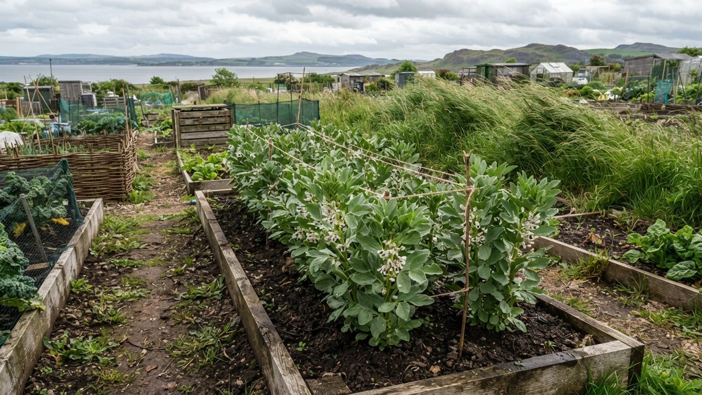 Compact dwarf broad bean plants growing sturdily in an exposed, windy allotment site