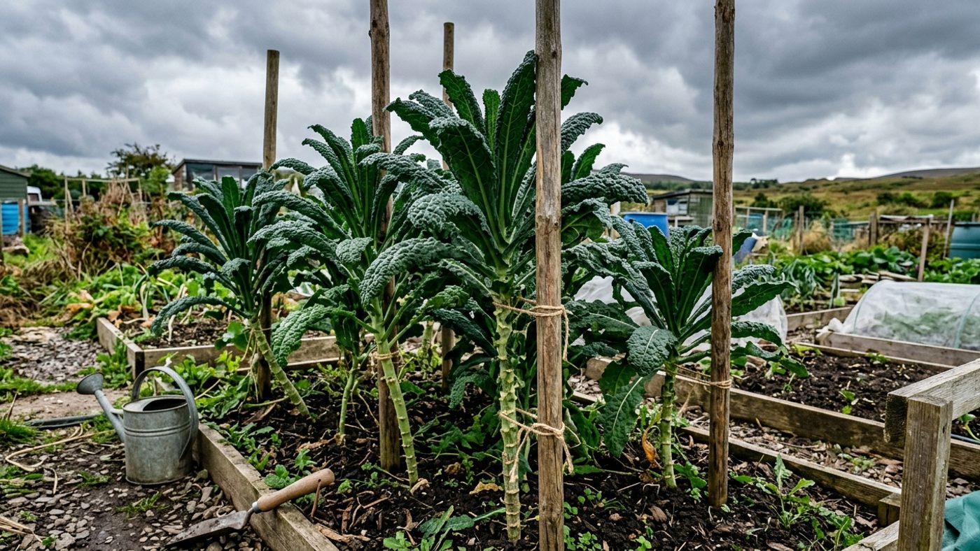 Tall kale plants tied to stakes for support against wind in an exposed Scottish garden