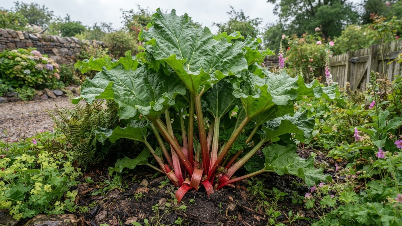 A rhubarb plant with large, healthy pink and green stalks thriving in a cool, damp Scottish garden