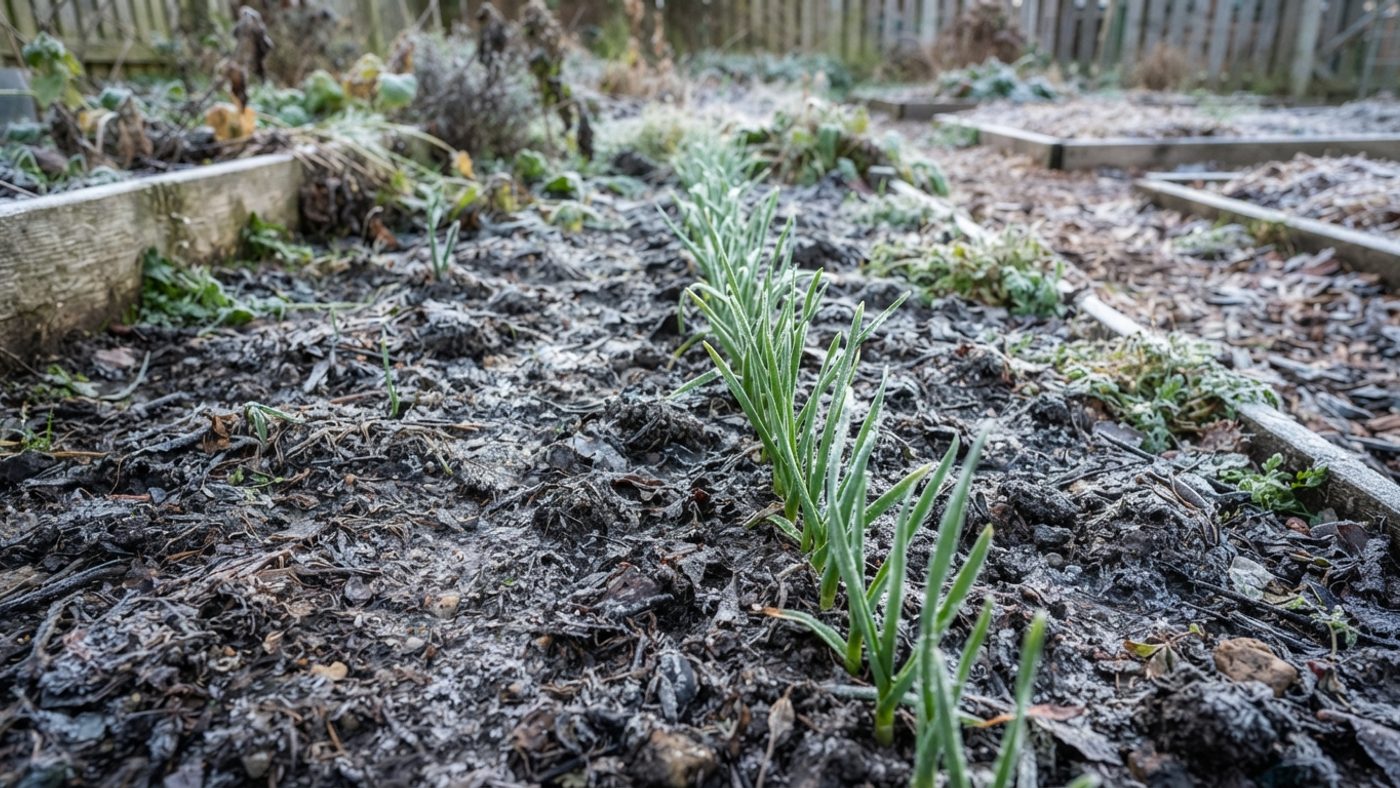 A row of garlic shoots growing through a bed in late winter