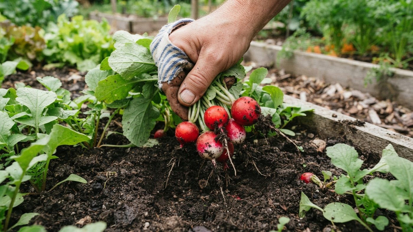 A hand pulling a bunch of freshly harvested radishes from the soil