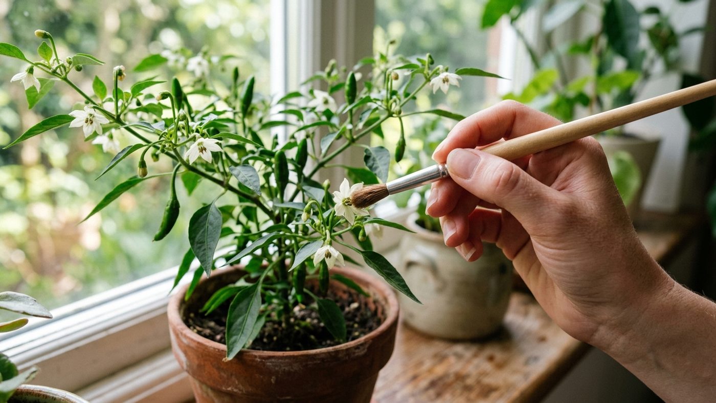 A hand using a small soft brush to pollinate a chilli plant flower on an indoor windowsill
