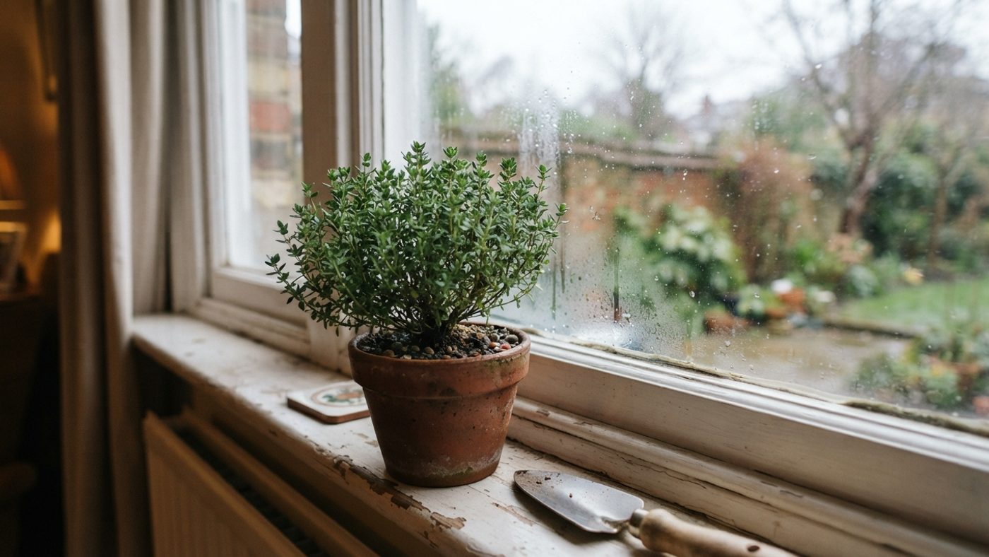 A small potted plant sitting a short distance back from a windowpane with condensation on the cold glass